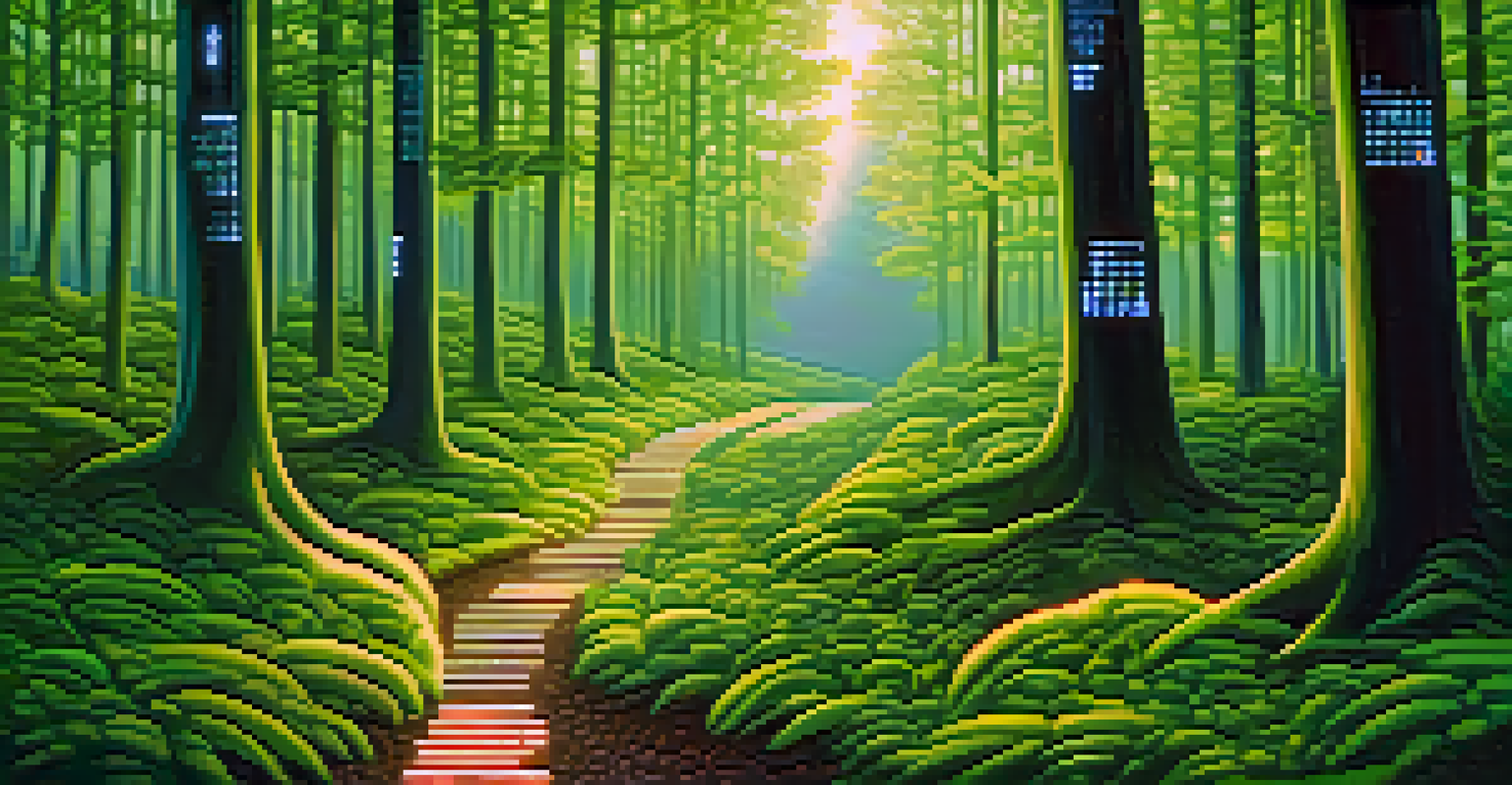 A digital footprint represented by glowing binary code in a green forest, creating a contrast between nature and technology.