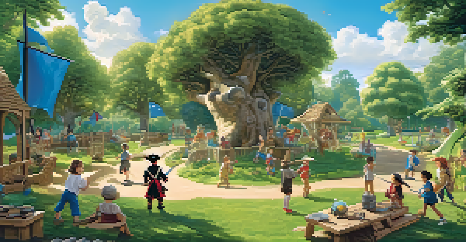 Children playing outdoors in imaginative roles, one as a pirate and another as an explorer, surrounded by a beautiful park setting.