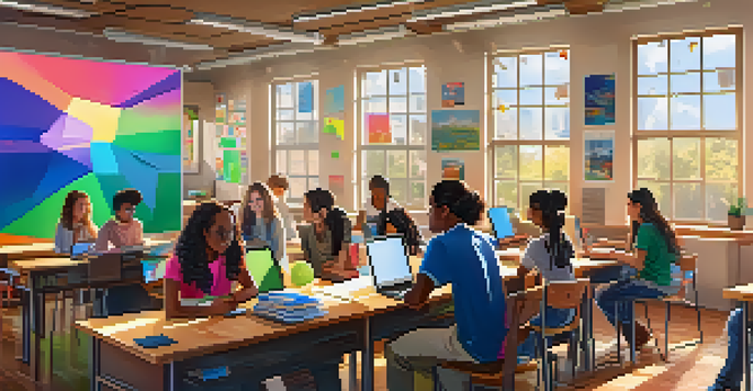 An online classroom with diverse students using laptops and tablets to collaborate on a project, surrounded by colorful educational posters.