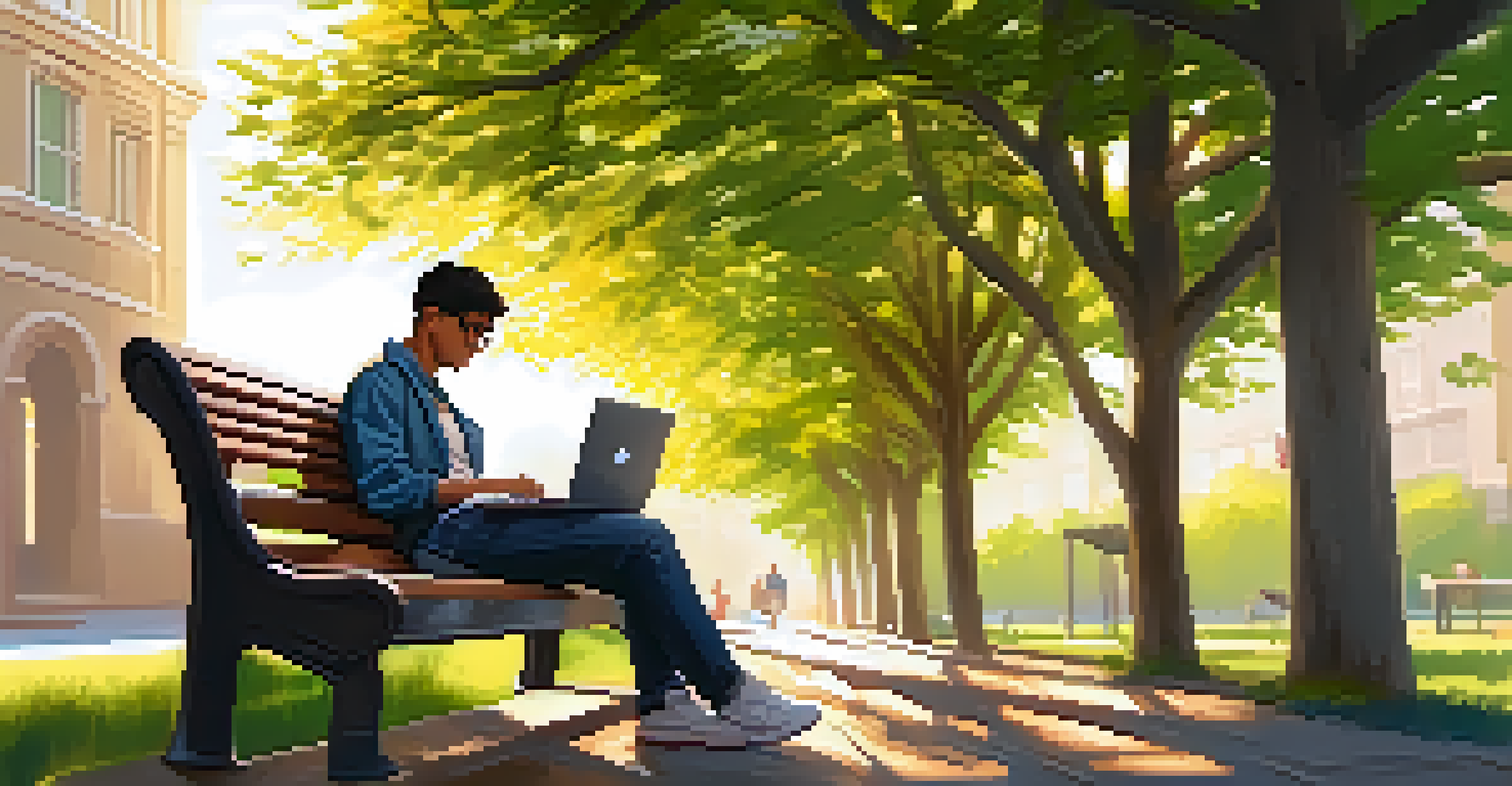 A student studying outdoors on a bench under a tree, using a laptop with sunlight filtering through the leaves, creating a peaceful atmosphere.