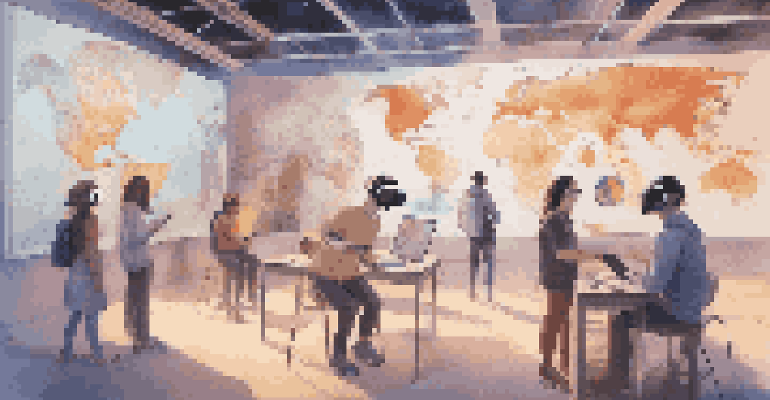 Students collaborating in a virtual reality setting with a digital world map and cultural landmarks, highlighting interactive learning experiences.