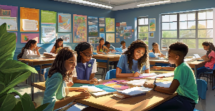 A diverse group of students collaborating in a bright classroom, surrounded by books and art supplies, with sunlight streaming in.