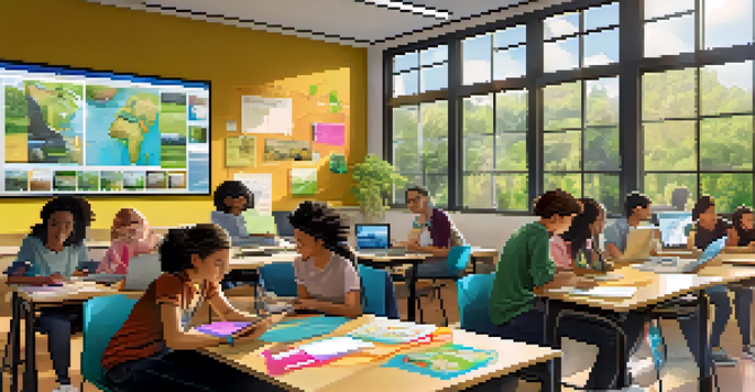 A diverse group of students in a bright classroom working together on laptops and tablets, discussing and sharing ideas.