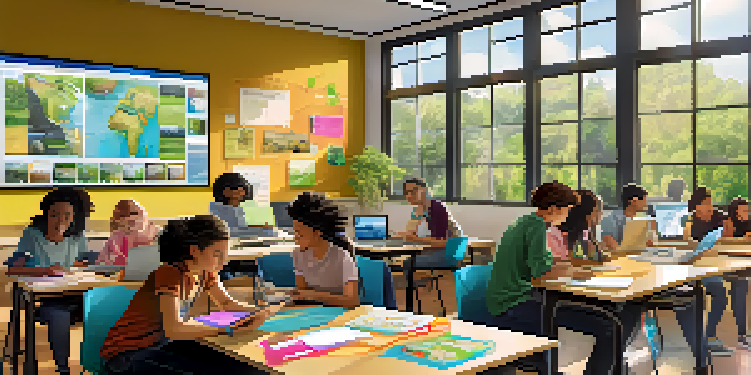 A diverse group of students in a bright classroom working together on laptops and tablets, discussing and sharing ideas.