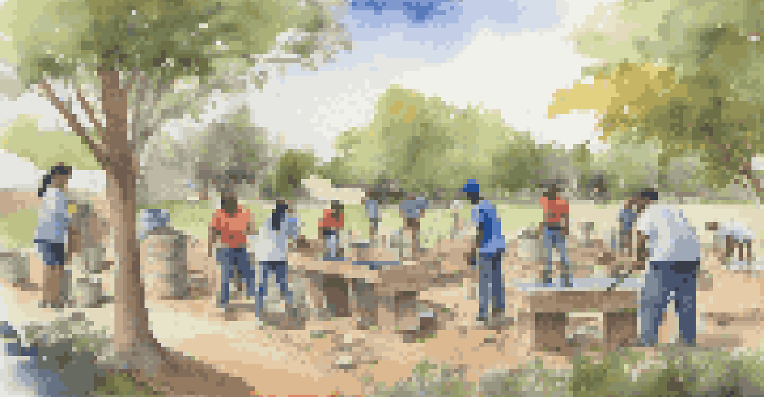 Students working together outdoors to build a water filtration system, with community members in the background.