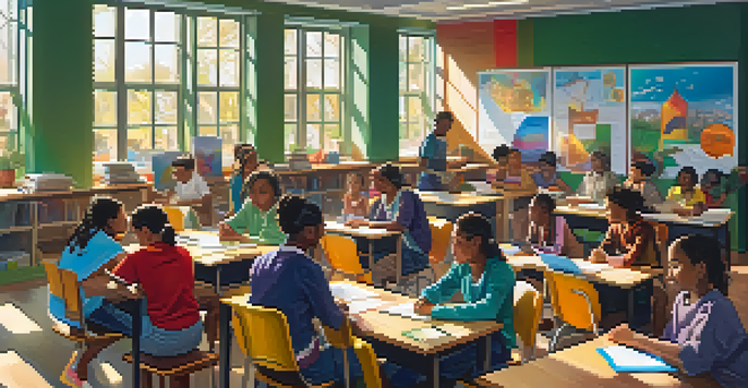A lively and diverse classroom where students engage in discussions, surrounded by colorful desks and cultural posters, with sunlight streaming in.