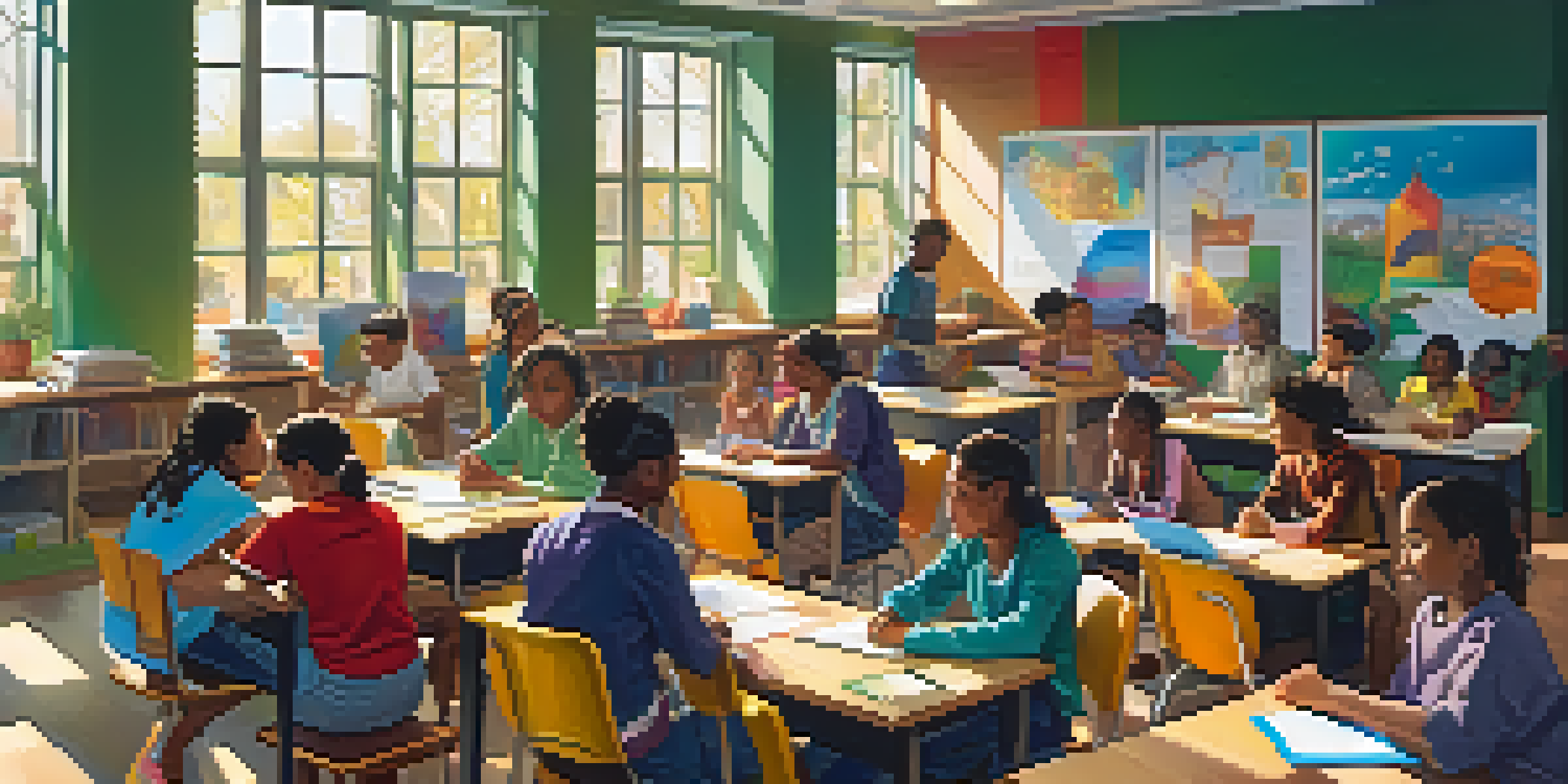 A lively and diverse classroom where students engage in discussions, surrounded by colorful desks and cultural posters, with sunlight streaming in.