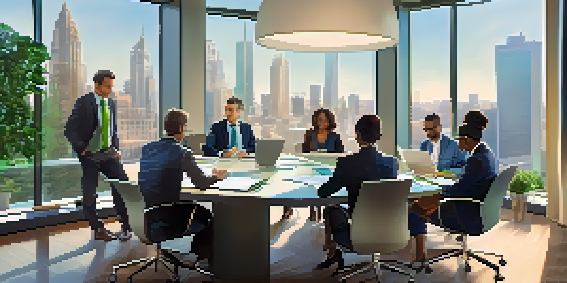 A diverse group of professionals collaborating in a bright conference room with a city view, discussing ideas around a modern conference table.