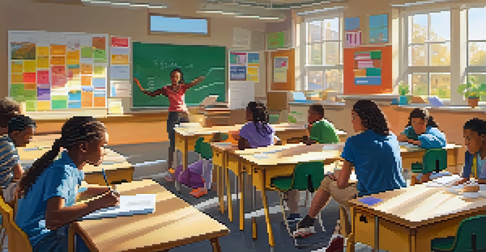 A classroom filled with diverse students working together with a teacher, surrounded by colorful posters and natural light.