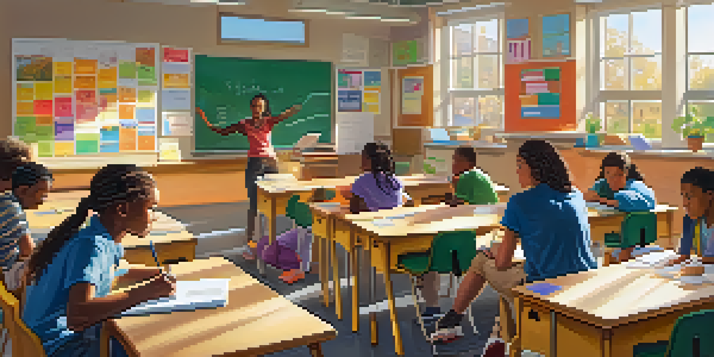 A classroom filled with diverse students working together with a teacher, surrounded by colorful posters and natural light.