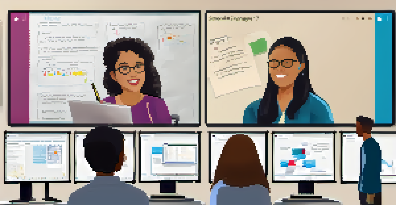 A split-screen virtual meeting with an instructor explaining concepts to engaged students discussing a group project, with educational charts in the background.