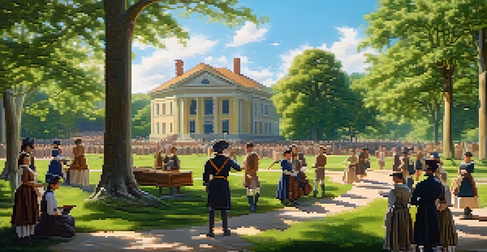 Students participating in a historical reenactment in an outdoor classroom surrounded by trees and a historical building.