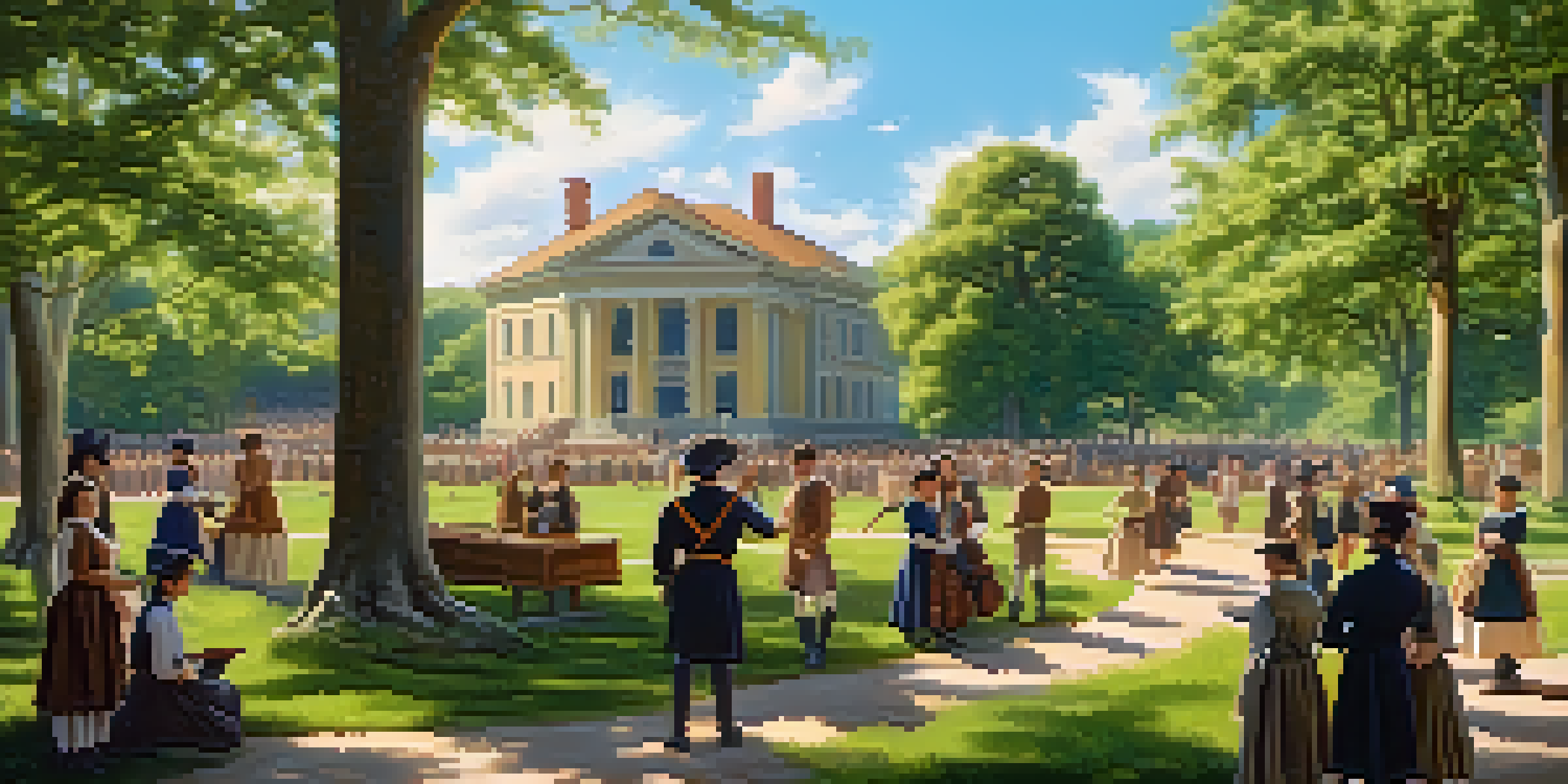 Students participating in a historical reenactment in an outdoor classroom surrounded by trees and a historical building.