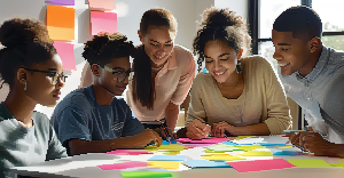 A diverse group of students working together on a project in a bright classroom, with laptops and sticky notes.