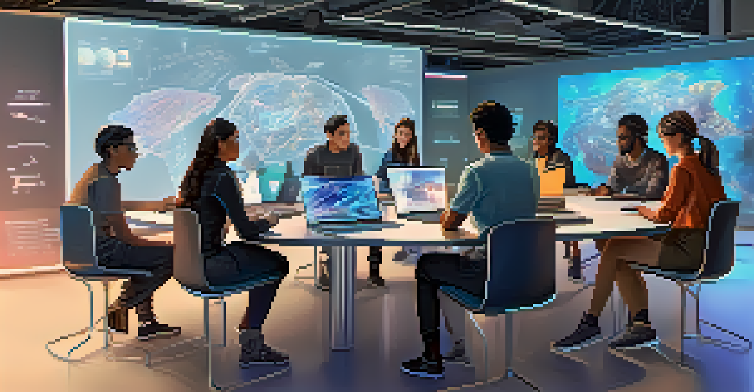 A diverse group of students working together with AI technology in a futuristic classroom setting, surrounded by modern devices and holographic displays.