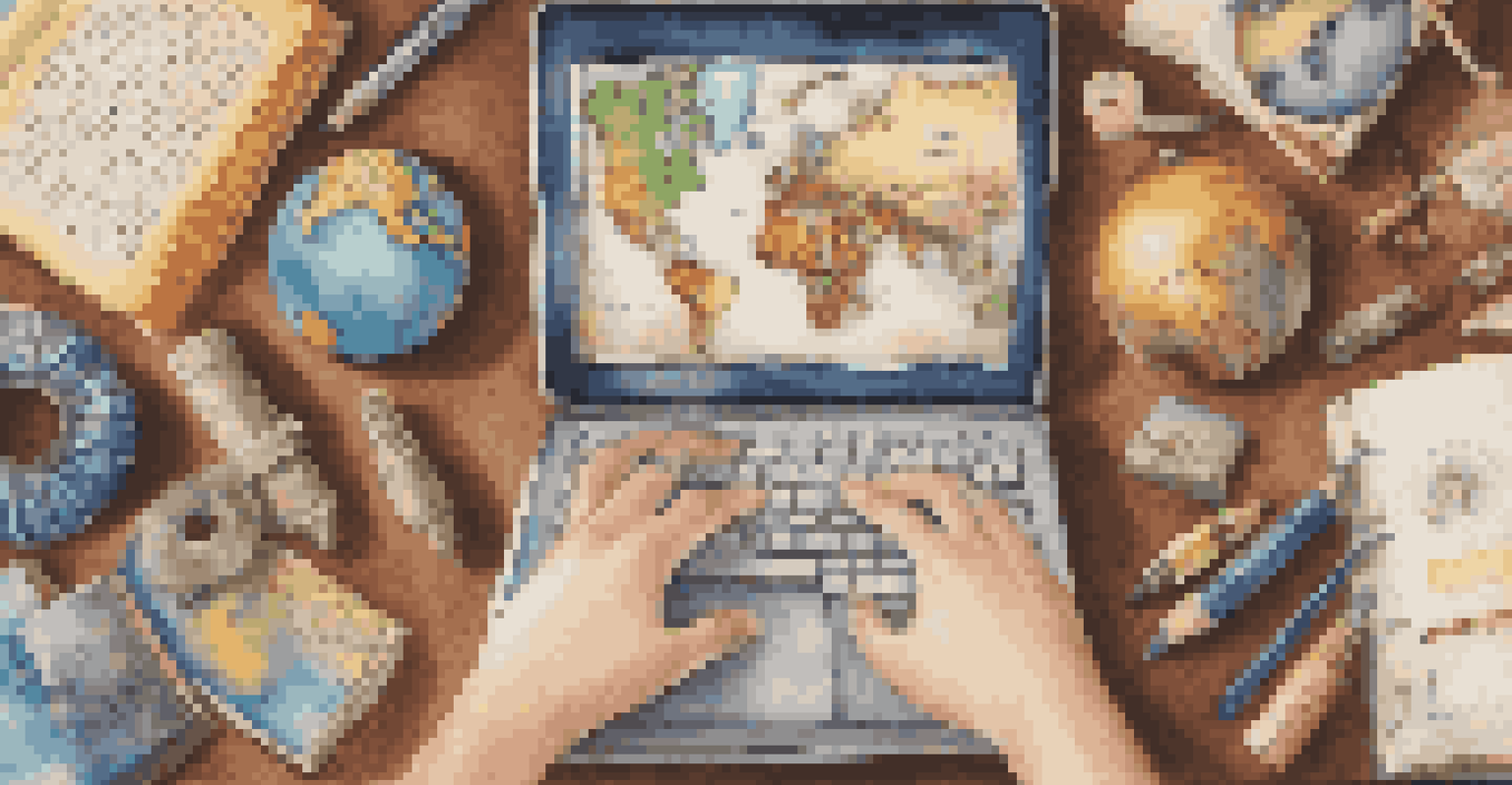 A student's hands holding a globe, symbolizing exploration and curiosity, surrounded by educational tools and a world map in the background.
