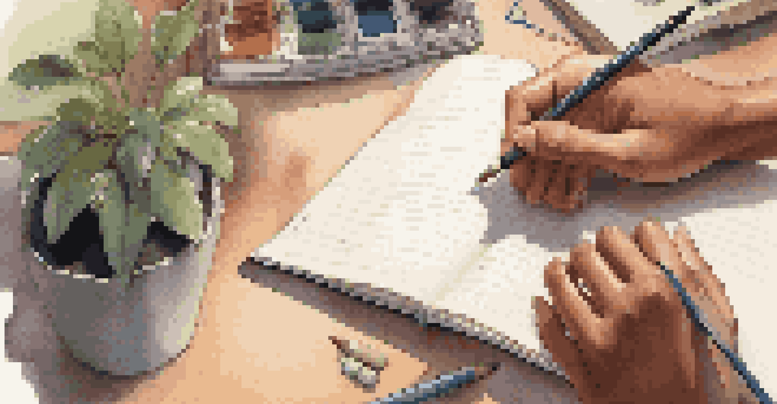 A close-up of a student's hands writing in a notebook with a mentor's hand guiding them.