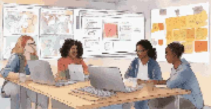 A diverse group of students collaborating in a virtual classroom, working together on laptops with colorful notes in the background.
