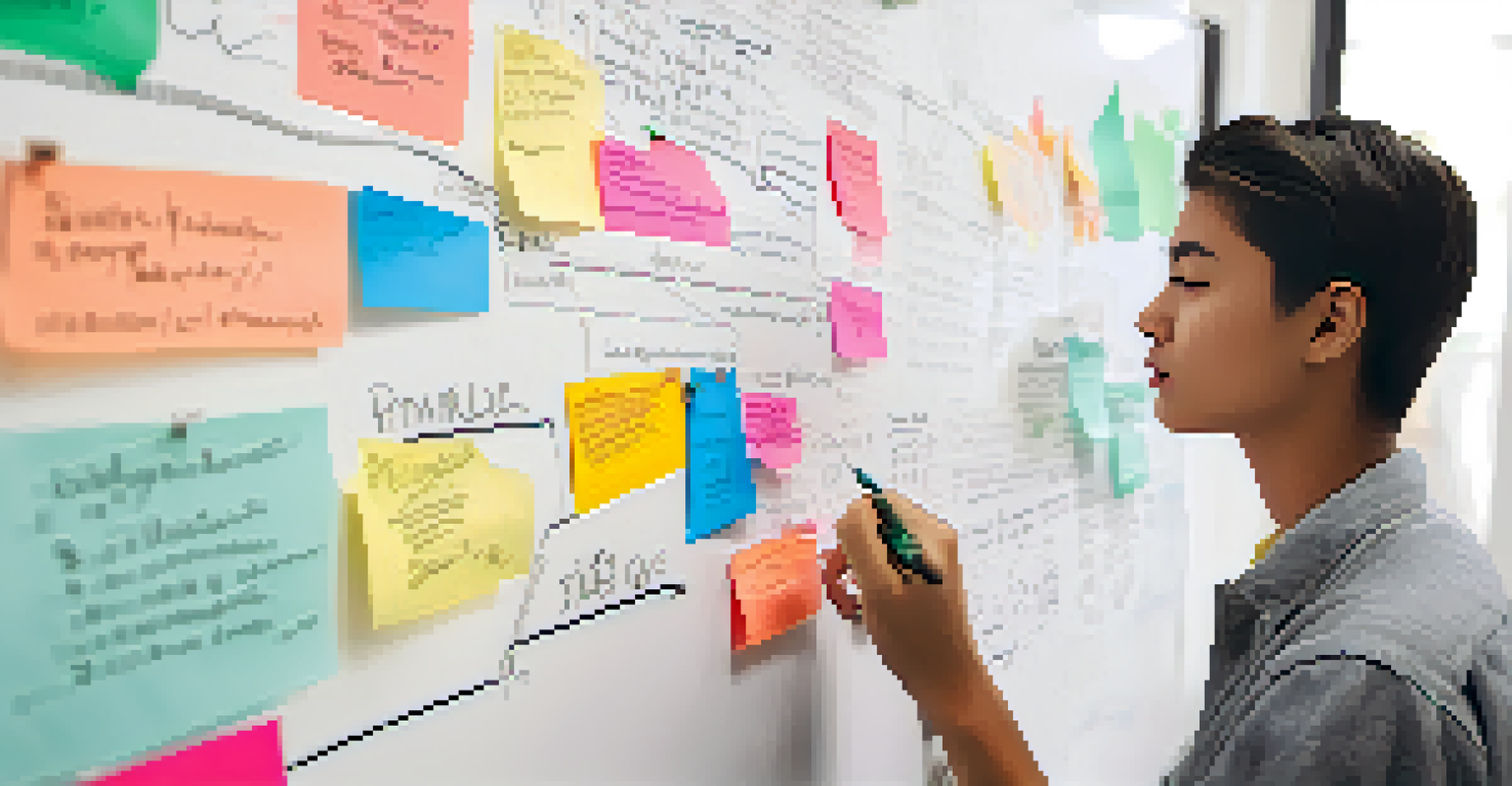 A close-up of a student writing on a whiteboard filled with colorful notes during a brainstorming session.