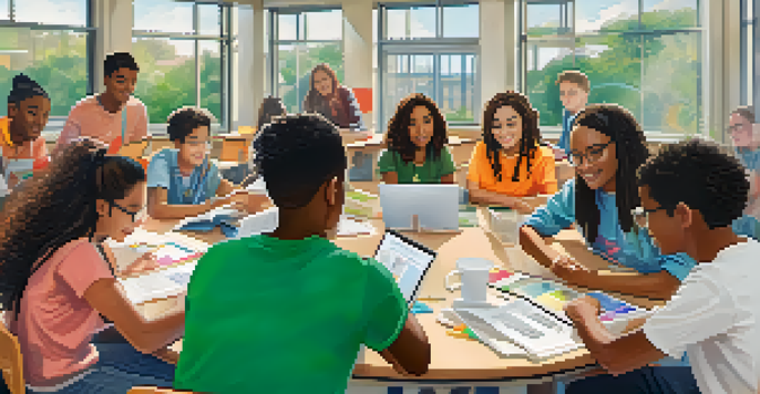 A diverse group of students engaged in a discussion in a bright classroom, surrounded by laptops and educational materials.