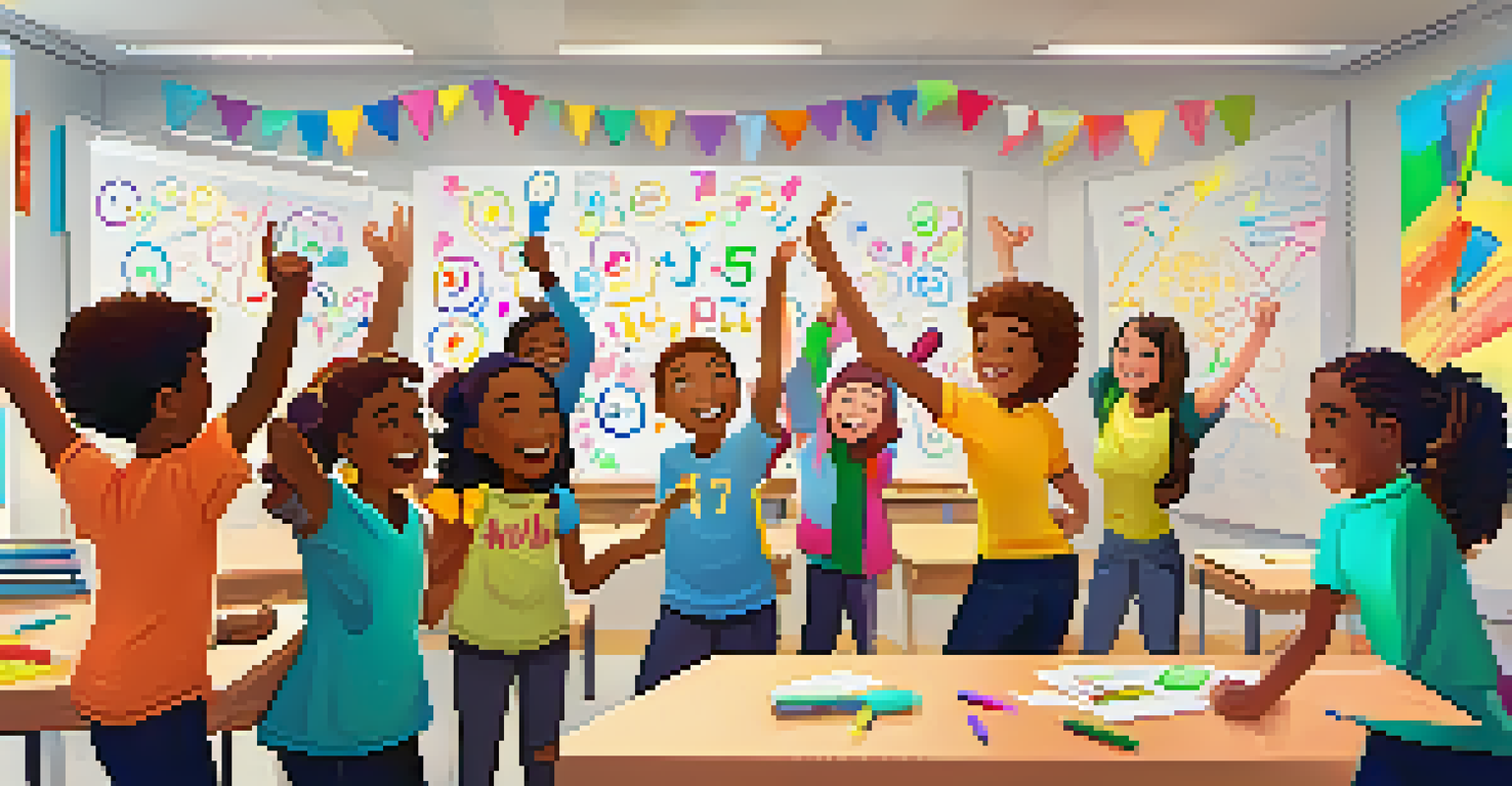 A group of happy students celebrating their project completion with high-fives and smiles.