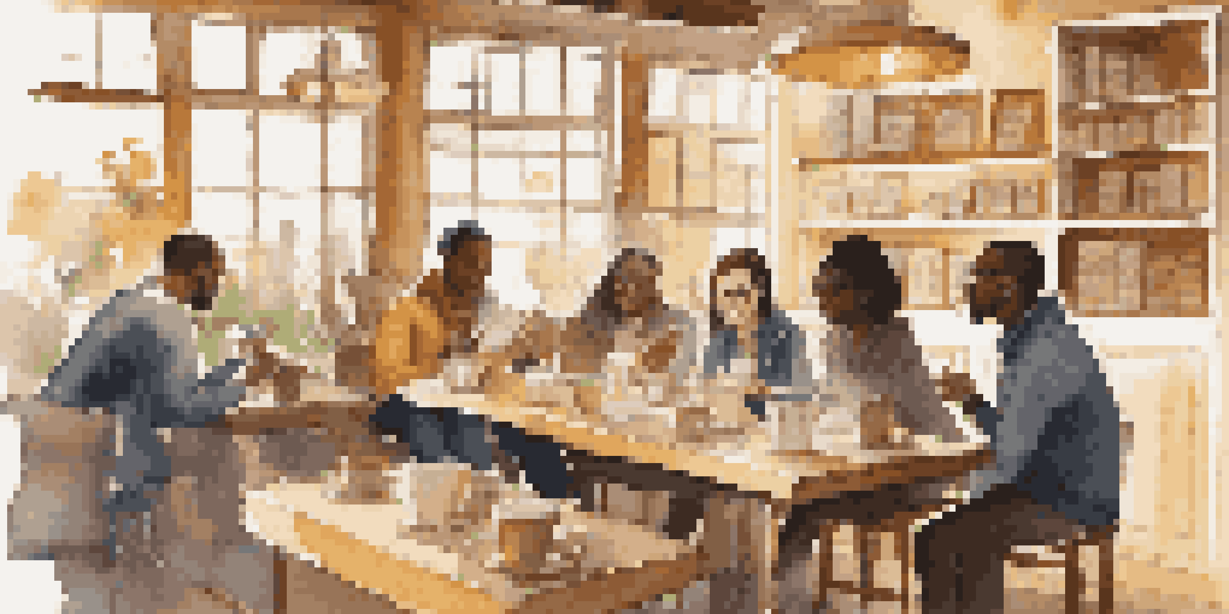 A diverse group of students and a mentor sitting in a cozy coffee shop, engaged in discussion with warm lighting and books in the background.