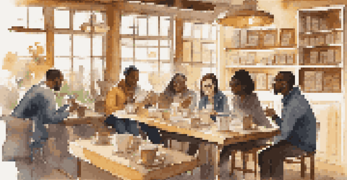 A diverse group of students and a mentor sitting in a cozy coffee shop, engaged in discussion with warm lighting and books in the background.