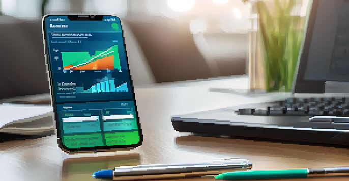 A smartphone displaying a digital banking app with budgeting tools and transaction alerts in a cozy home office.