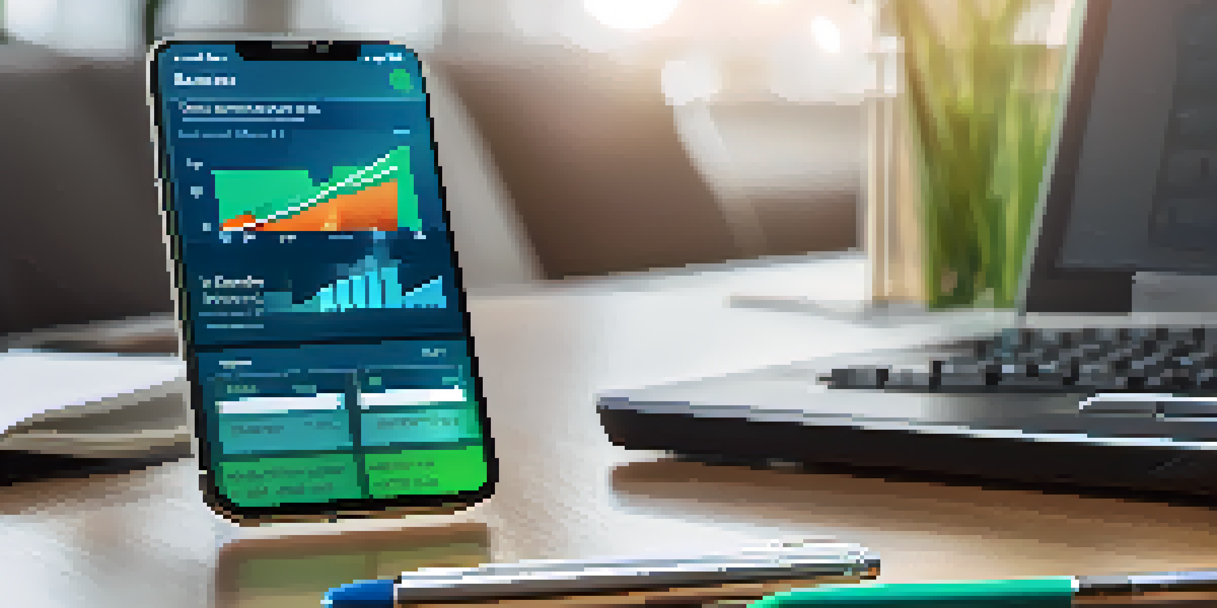 A smartphone displaying a digital banking app with budgeting tools and transaction alerts in a cozy home office.