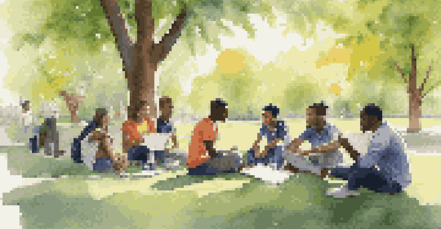 Diverse students and a mentor brainstorming ideas in a park.