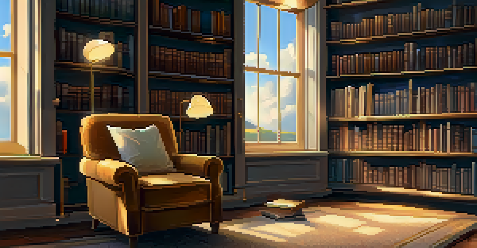 A cozy library corner with an armchair, books, a lamp, and shelves filled with books, creating a warm reading space.