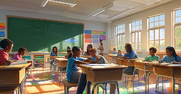 A diverse group of students in a modern classroom using tablets and interactive boards, with a teacher assisting one of the students in a bright setting.