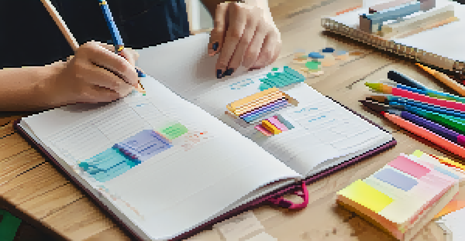 A close-up of a student's hands writing in a colorful planner filled with tasks and goals, surrounded by stationery.