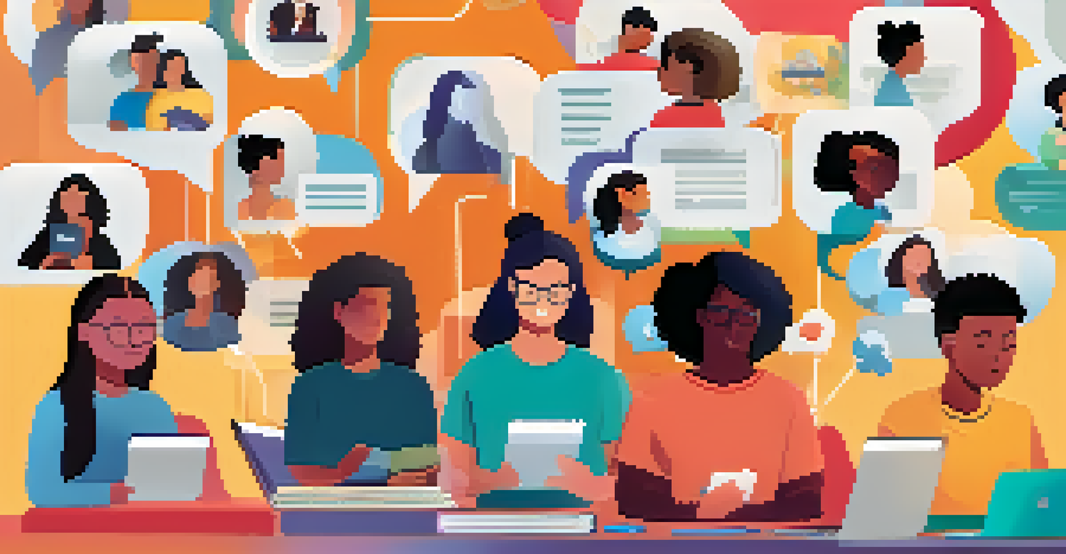 A digital collage of students engaged in a virtual discussion, surrounded by colorful speech bubbles with positive messages.