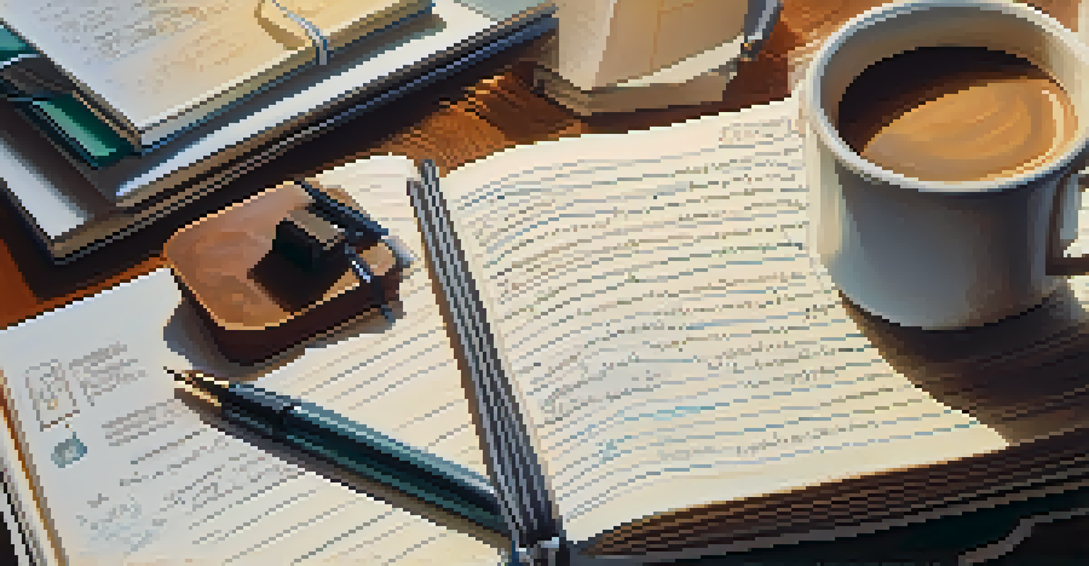 A close-up of a hand writing in a journal with textbooks and a steaming cup of coffee nearby.