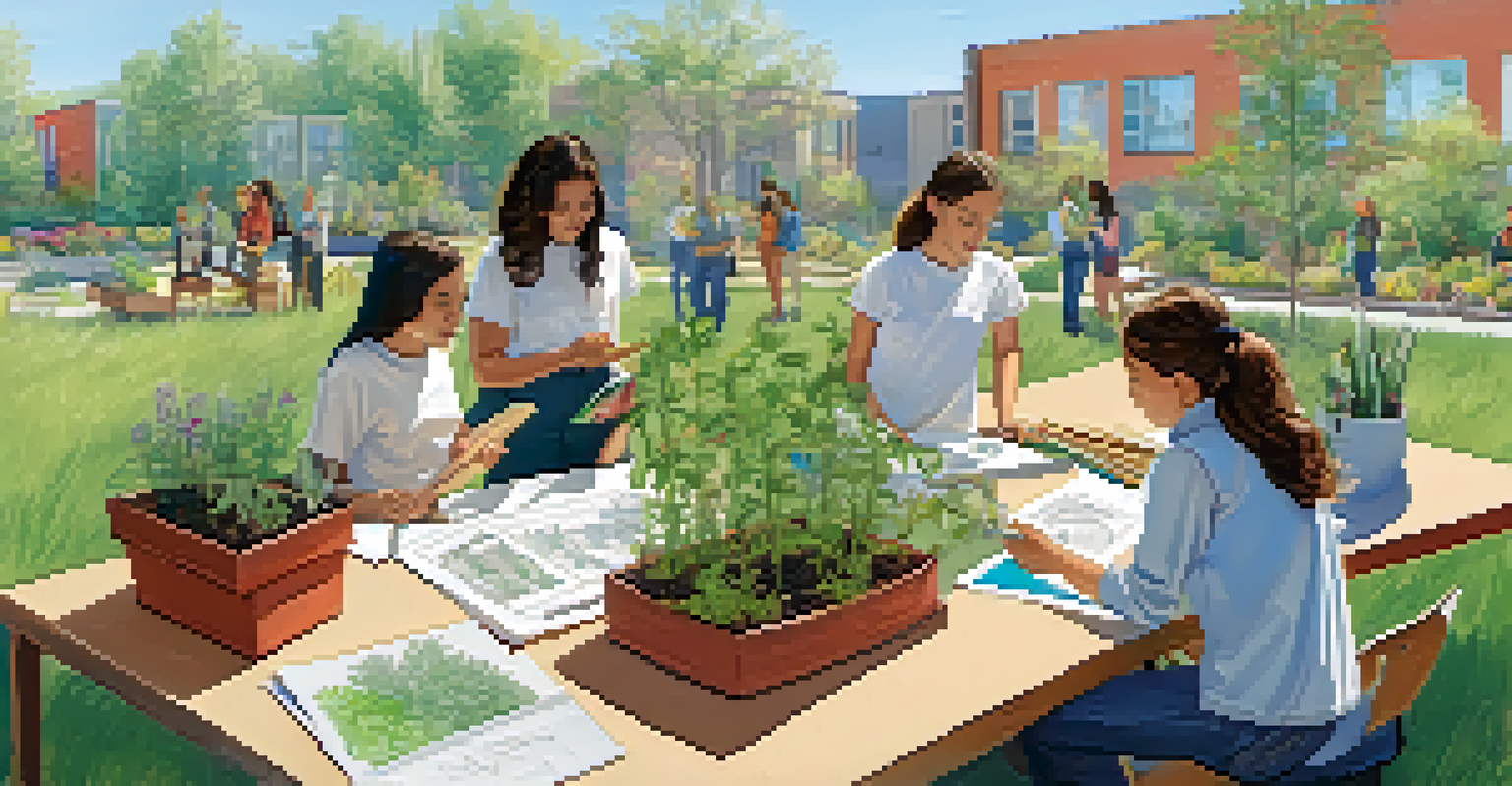 Students collaborating on a sustainable garden project outdoors, discussing plans with colorful sketches and surrounded by plants and gardening tools.