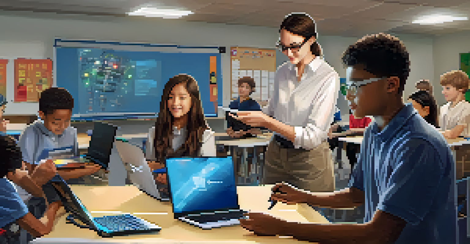 A teacher guiding students in a robotics project, with a robot in hand and students engaged with laptops and kits in a warm classroom.