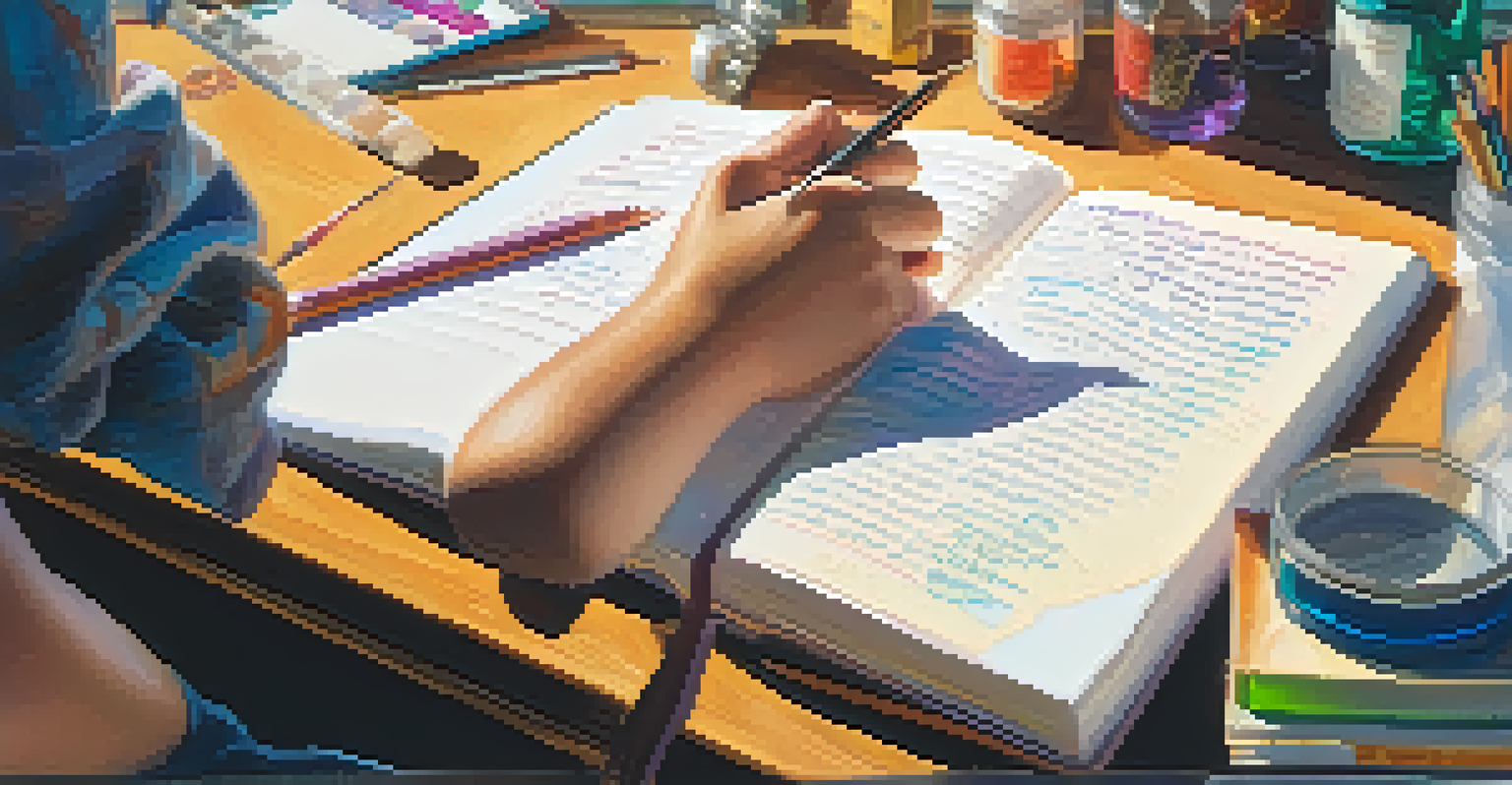 A close-up of a student's hands writing in a reflective journal, surrounded by art supplies and books, highlighting a personal learning journey.