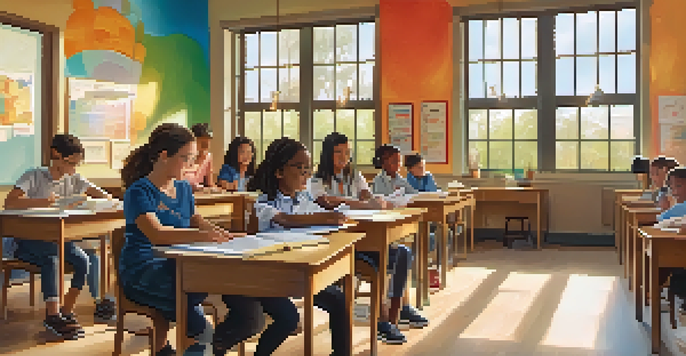 A diverse group of students in a classroom, with a teacher listening to a student. The room is bright and colorful, filled with educational materials and plants.