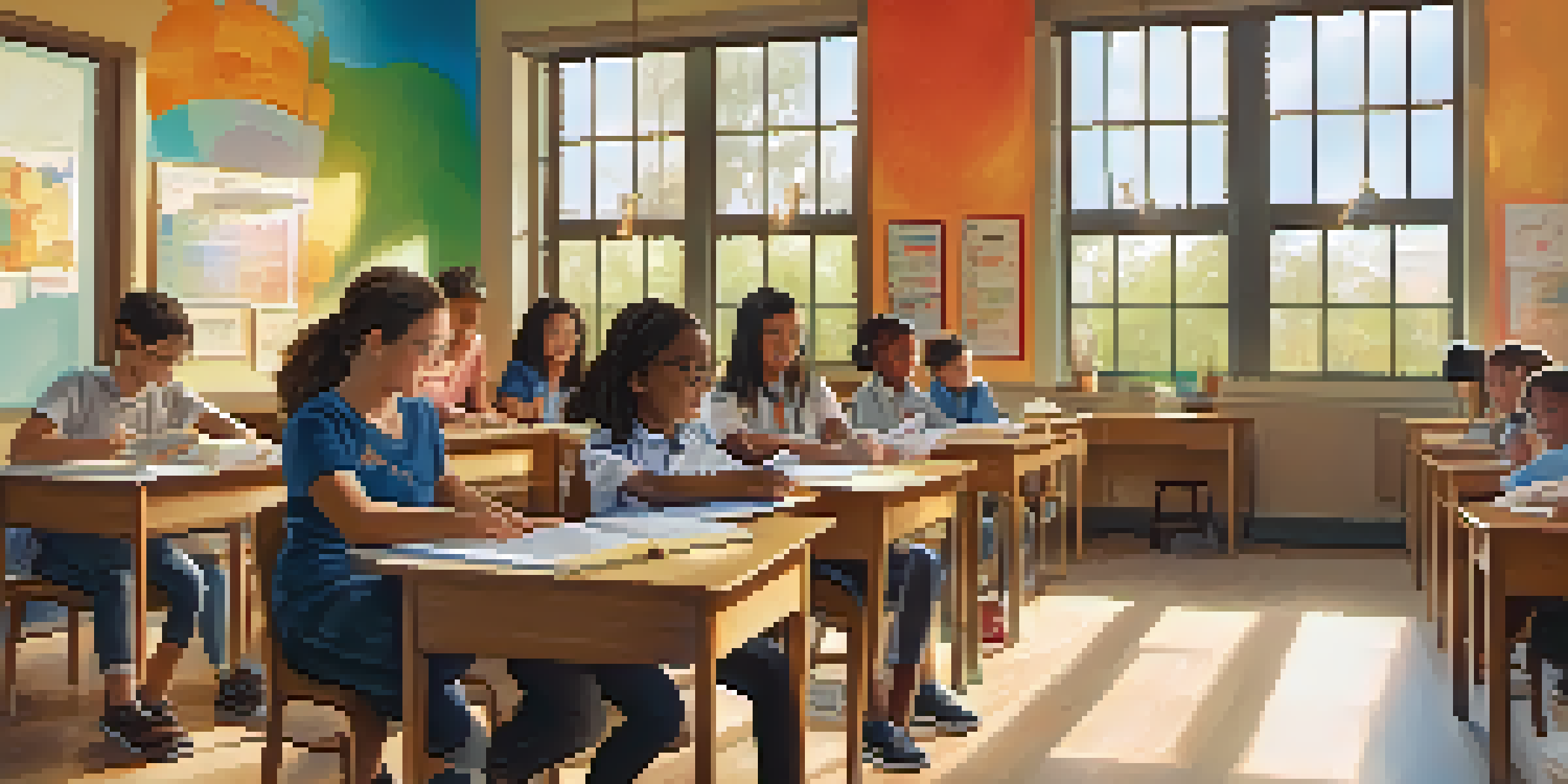 A diverse group of students in a classroom, with a teacher listening to a student. The room is bright and colorful, filled with educational materials and plants.