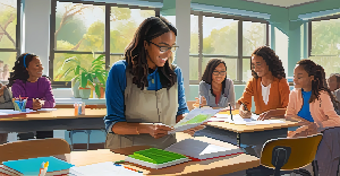 A classroom with an experienced teacher guiding new educators in a collaborative environment, filled with colorful materials and natural light.