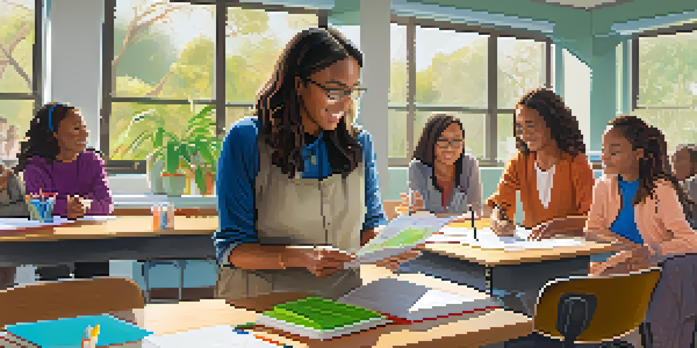 A classroom with an experienced teacher guiding new educators in a collaborative environment, filled with colorful materials and natural light.