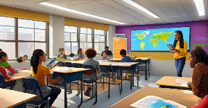 A diverse group of students in a bright classroom, using tablets for online learning while a teacher facilitates discussion.