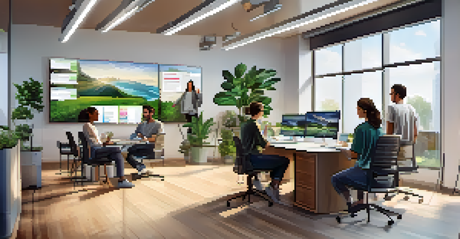 A group of students collaborating in a modern workspace with laptops and a screen for virtual meetings.