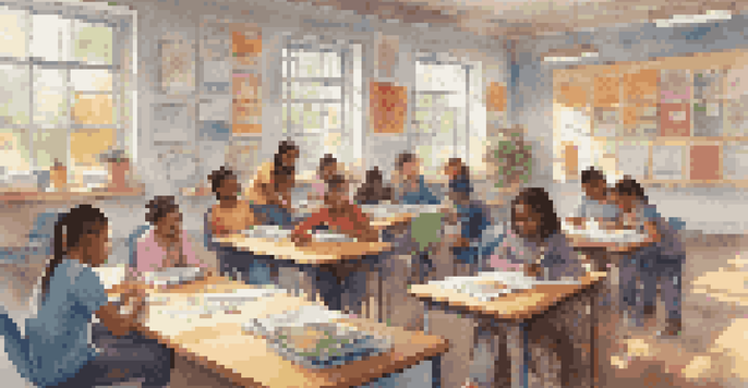 A colorful classroom with diverse students working together at a round table, surrounded by books and laptops, illuminated by soft natural light.