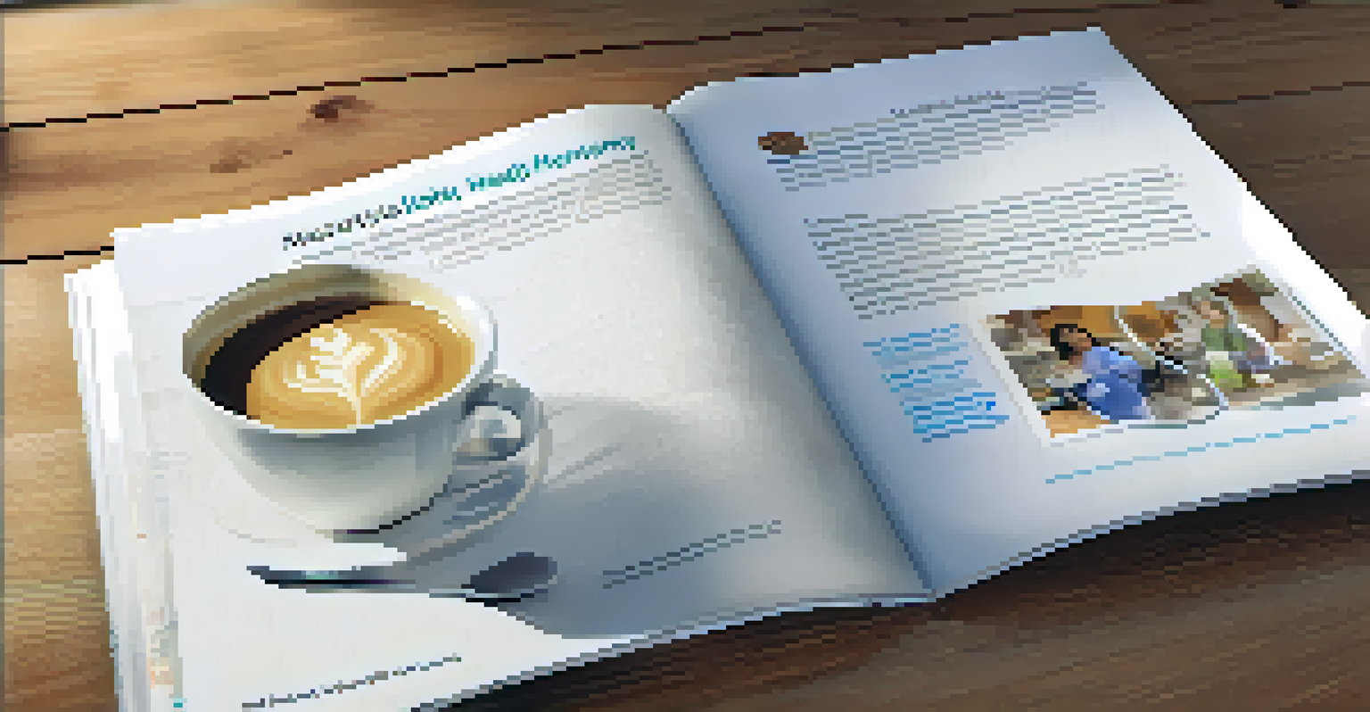 A close-up of an educational brochure about local health services on a table, with reading glasses and a coffee cup beside it.