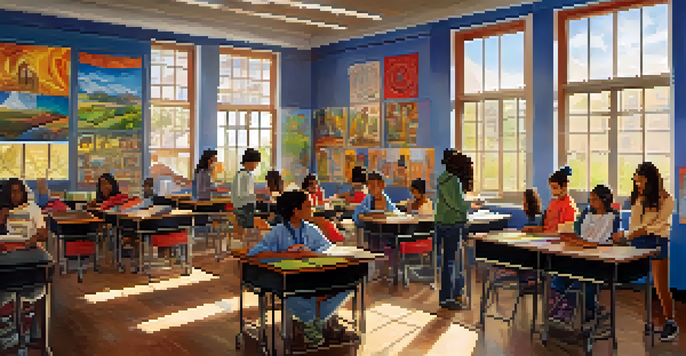 A lively classroom with diverse students working together, colorful cultural artwork on the walls, and sunlight coming through the windows.