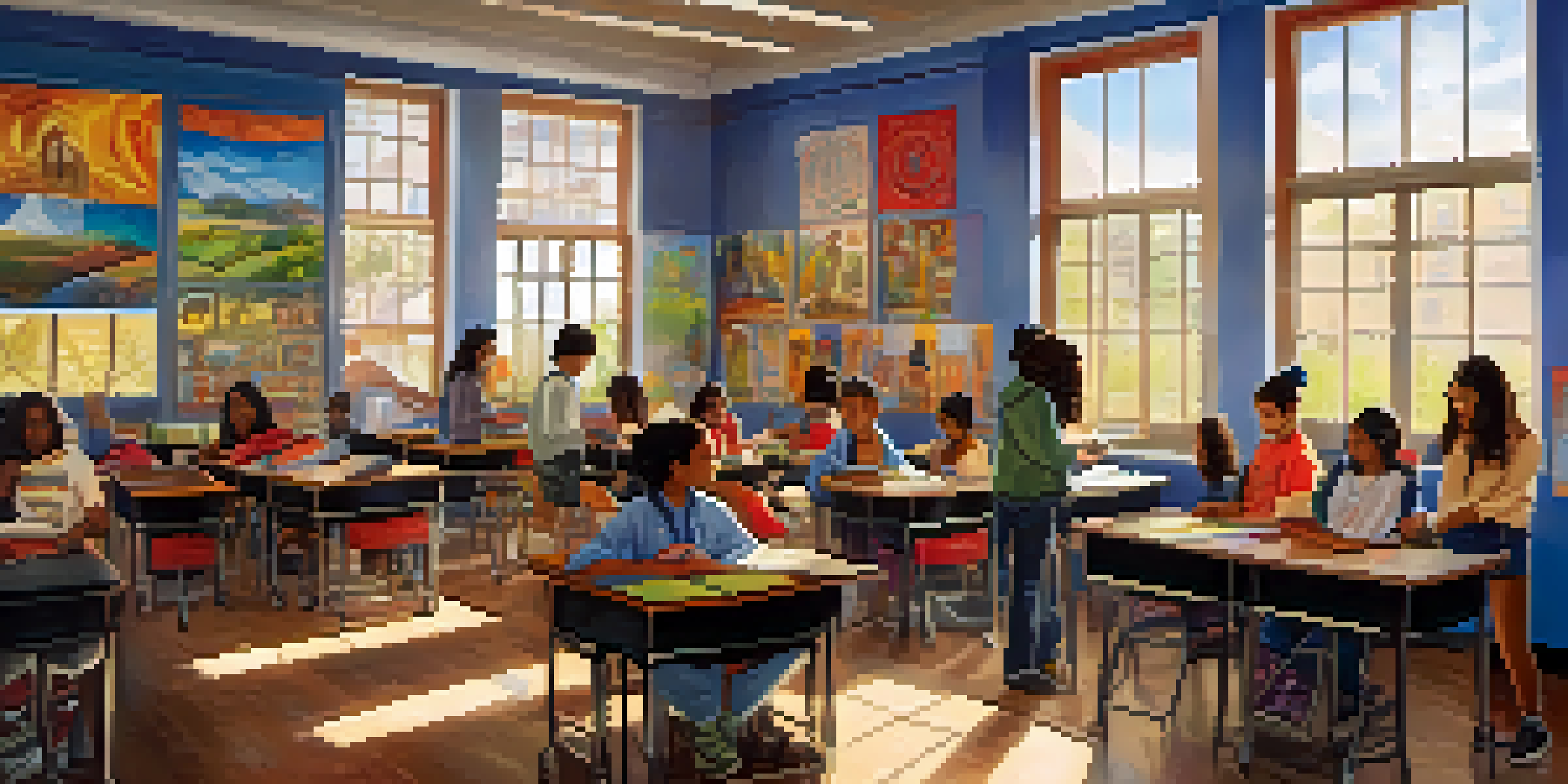 A lively classroom with diverse students working together, colorful cultural artwork on the walls, and sunlight coming through the windows.