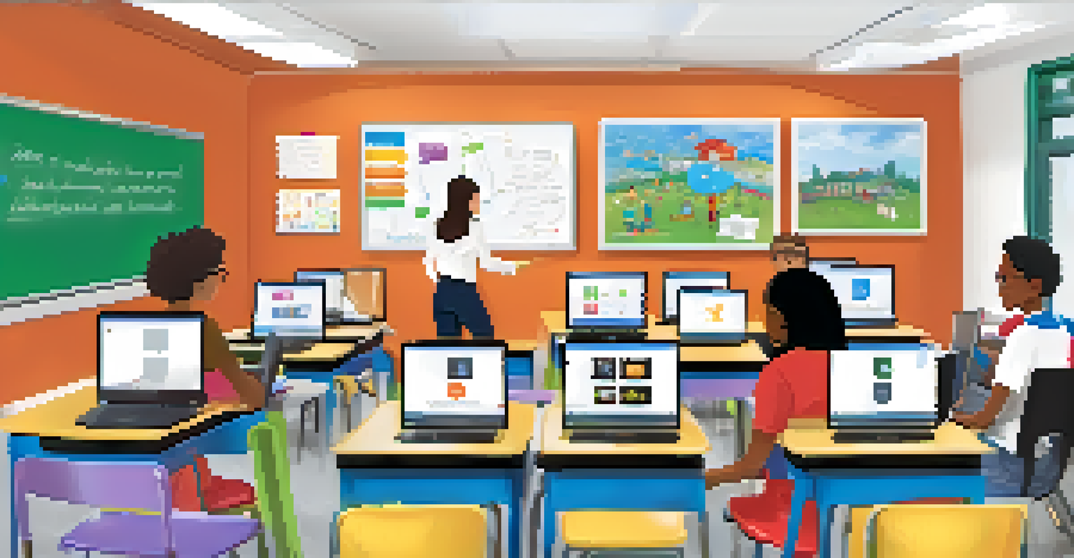 A blended learning classroom with a teacher using a smartboard and students engaged with laptops and tablets.