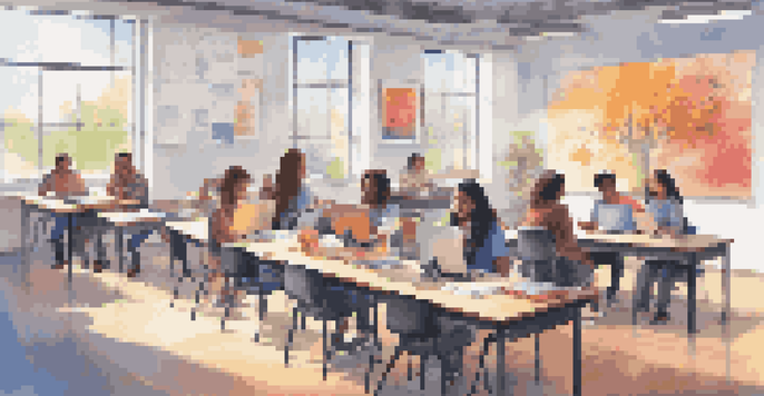 A bright classroom filled with students using laptops and discussing in groups, highlighting a blended learning environment.